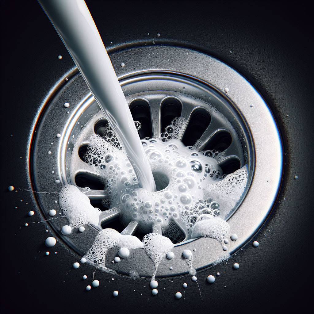 A vibrant, realistic photograph from a high angle looking down into a clean kitchen sink drain. White baking soda is actively fizzing and bubbling within the drain opening as a clear stream of vinegar is being poured into it from an unseen bottle. Subtle steam or foam emanates from the reaction, symbolizing a powerful cleaning process. The scene is bright and conveys a sense of freshness and effectiveness.