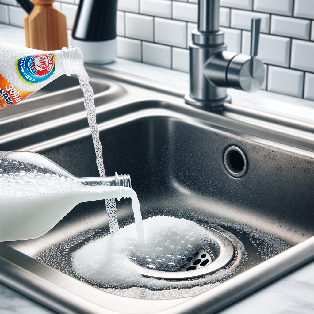A close-up shot of a kitchen sink drain with white baking soda powder sprinkled around the opening, and clear white vinegar being poured onto it from a small bottle, causing a gentle, satisfying fizzing and bubbling reaction. The background is a clean, modern kitchen counter. Bright, clear lighting. Realistic photo.
