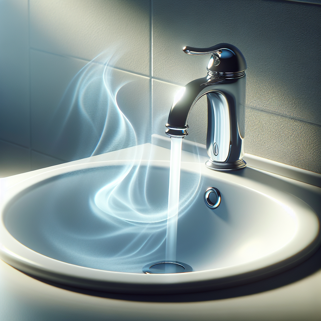 A sparkling clean bathroom sink with a shiny chrome faucet. A subtle, almost invisible wisp of fresh, clean air emanates from the drain area, symbolizing the absence of unpleasant odors. The overall atmosphere is bright, hygienic, and inviting. Realistic photo, soft natural light.