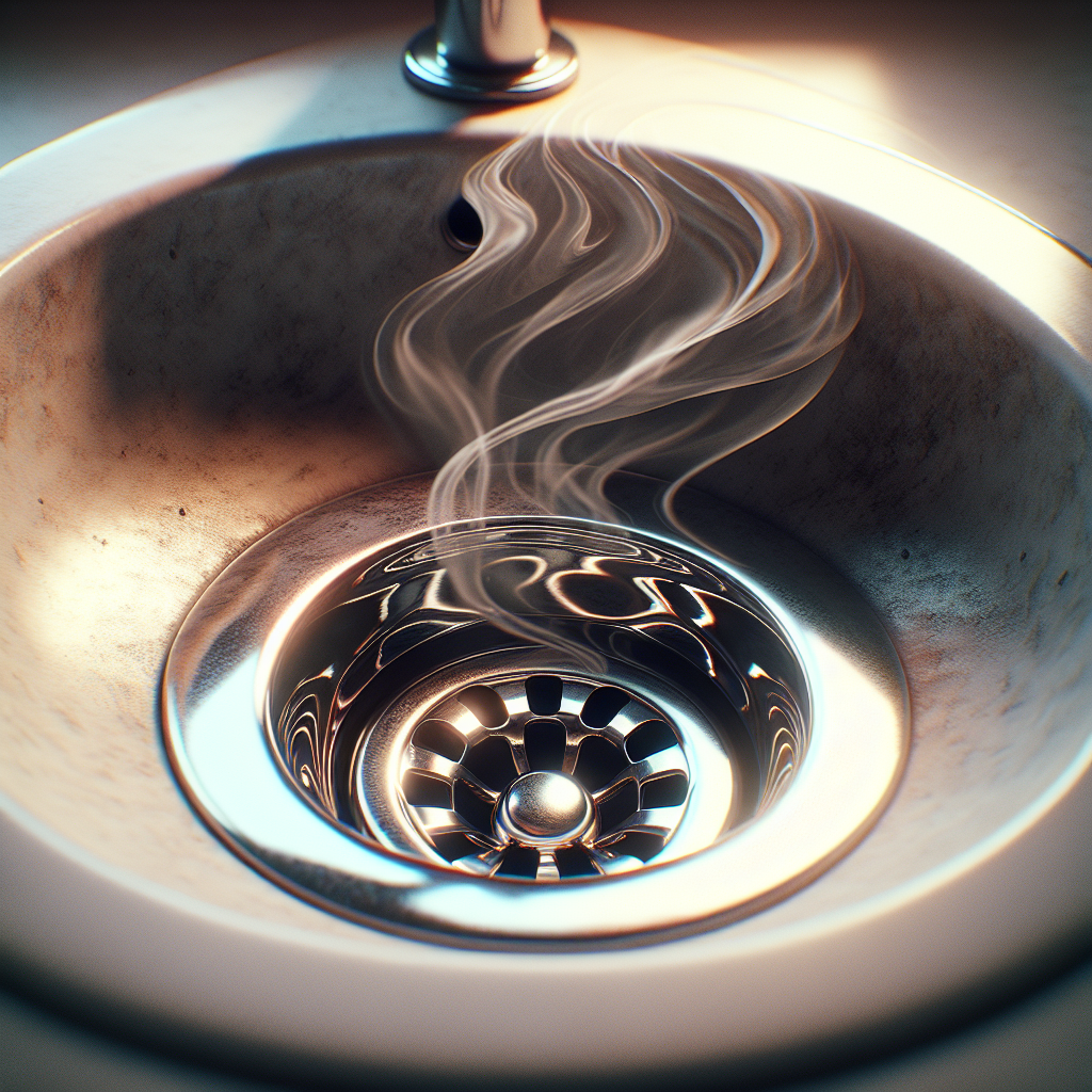 A close-up shot of a bathroom sink drain, with a subtle, dark, wavy mist gently rising from it to visually represent an unpleasant odor. The chrome drain grate is slightly aged, and the ceramic sink bowl has a soft reflection. Realistic style, cinematic lighting.