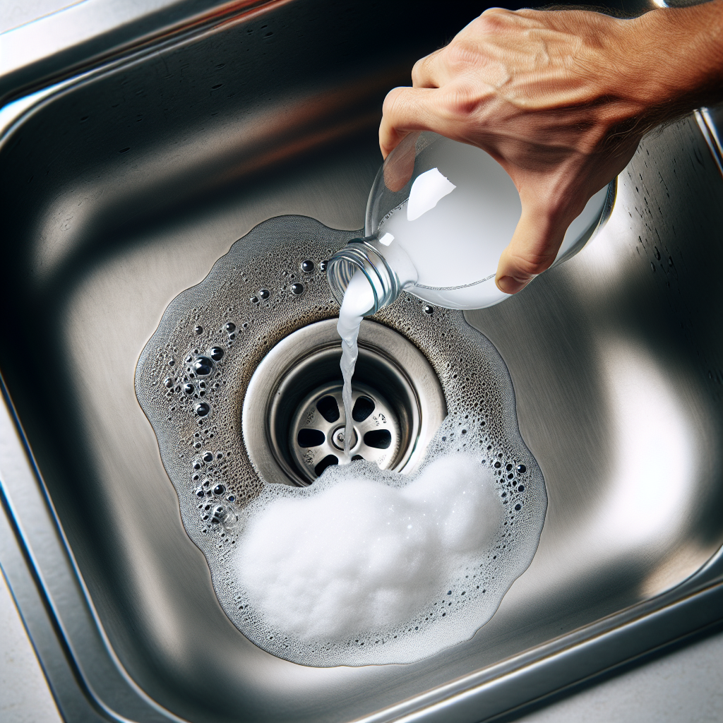 A top-down view of a kitchen sink drain. A human hand is carefully pouring clear white vinegar into the drain, where a pile of white baking soda is already present, actively fizzing and bubbling. The scene is clean, with bright, natural light, emphasizing the cleaning action. Realistic photograph style.