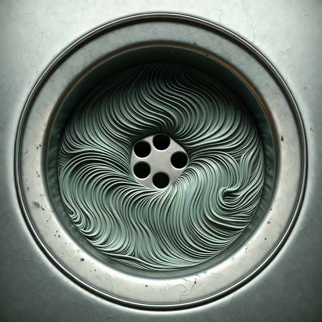 A close-up view of a stainless steel kitchen sink drain. Subtle, stylized greenish-grey wavy lines are visually emanating from the drain opening, representing an unpleasant odor. A few dark hair strands and a faint residue of soap are visible around the rim of the drain. The lighting is realistic and slightly subdued, emphasizing the common household issue. Photorealistic style.