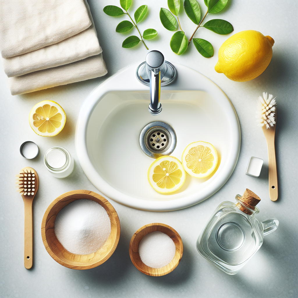 An overhead shot capturing a pristine white ceramic bathroom sink. Neatly arranged on the counter around the sparkling clean drain are a small wooden bowl filled with white baking soda, a clear glass bottle of white vinegar, a fresh yellow lemon cut in half, and a clear glass mug emitting gentle steam, representing hot water. The scene is bright, clean, and evokes a sense of freshness and natural home remedies. Photorealistic style.
