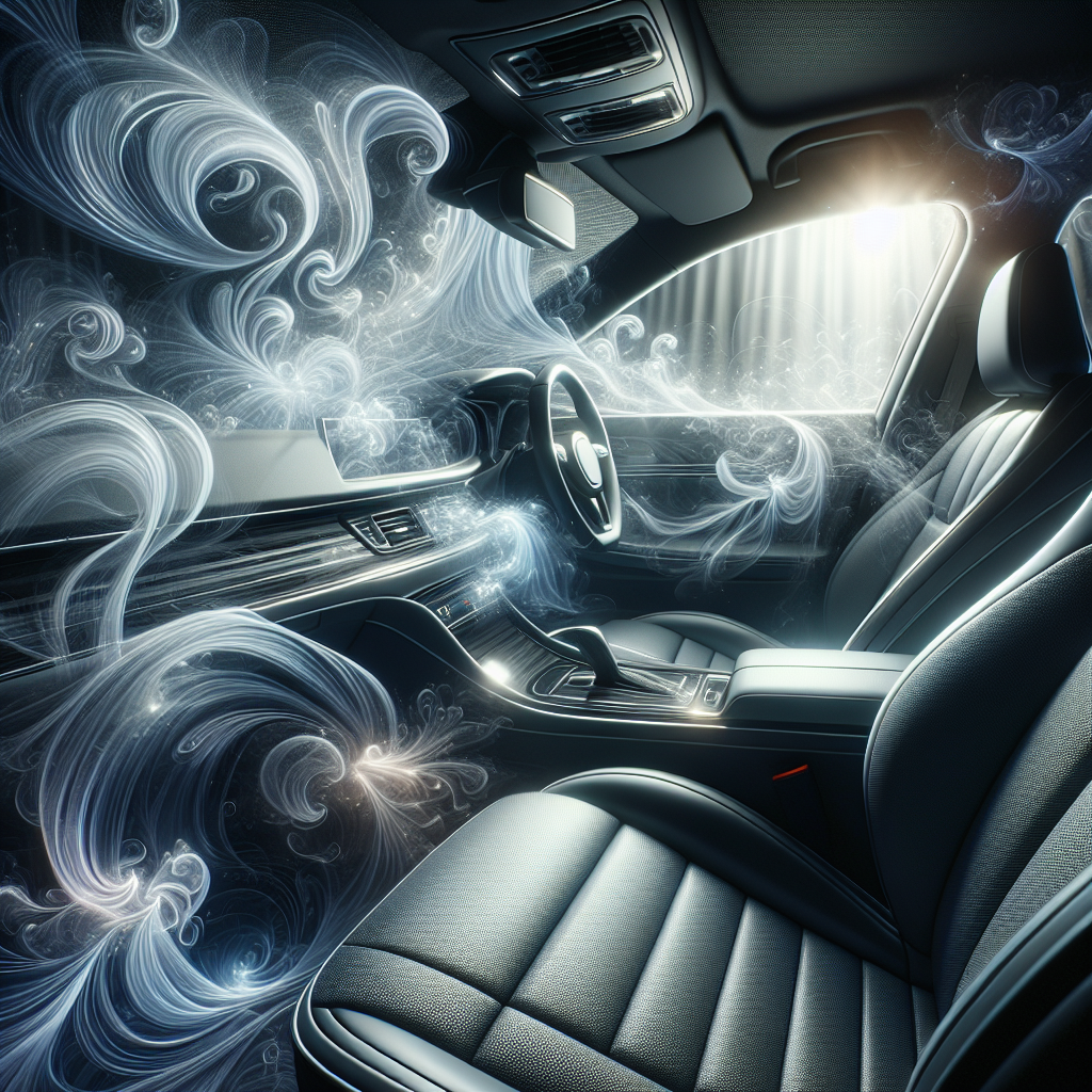 A pristine, modern car interior filled with radiant, fresh air, symbolized by gentle, swirling light blue and white wisps. In the background, faint, dark grey, smoky tendrils representing lingering bad odors are visibly being dispelled or exiting through an open window. The car seats are clean and inviting, evoking a strong sense of freshness and relief. High detail, photorealistic, cinematic lighting.
