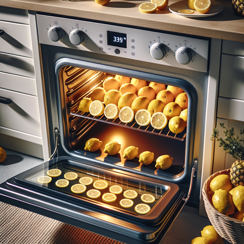 A sparkling clean and fresh-smelling oven interior, with vibrant whole lemons and lemon slices artfully arranged inside, suggesting a natural and effective solution to odors. The scene should convey a sense of cleanliness, purity, and a pleasant citrus aroma, with soft, inviting lighting.