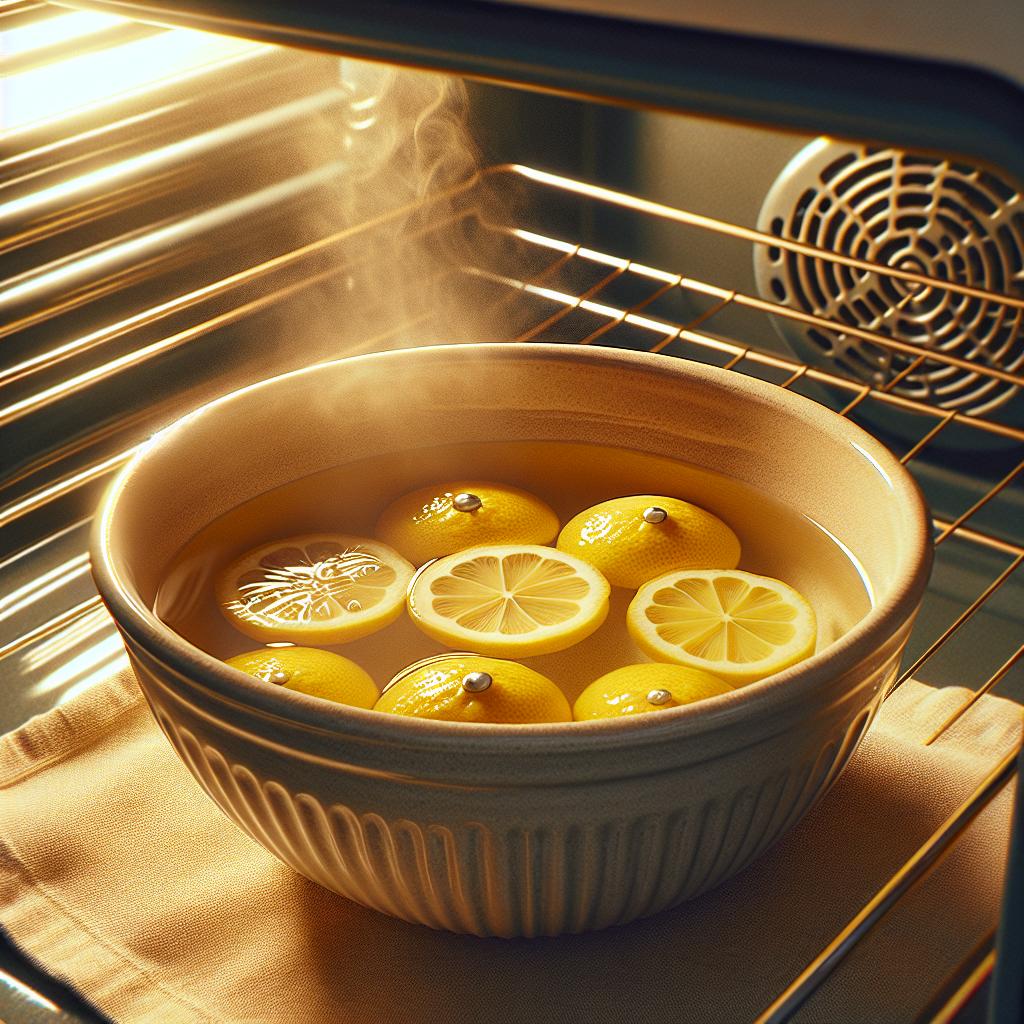 Close-up shot of a heat-resistant ceramic bowl placed inside a warm, slightly open kitchen oven. The bowl contains water and several bright yellow lemon halves, with gentle steam subtly rising. The image emphasizes a natural, simple cleaning process, with warm, inviting lighting highlighting the lemons.