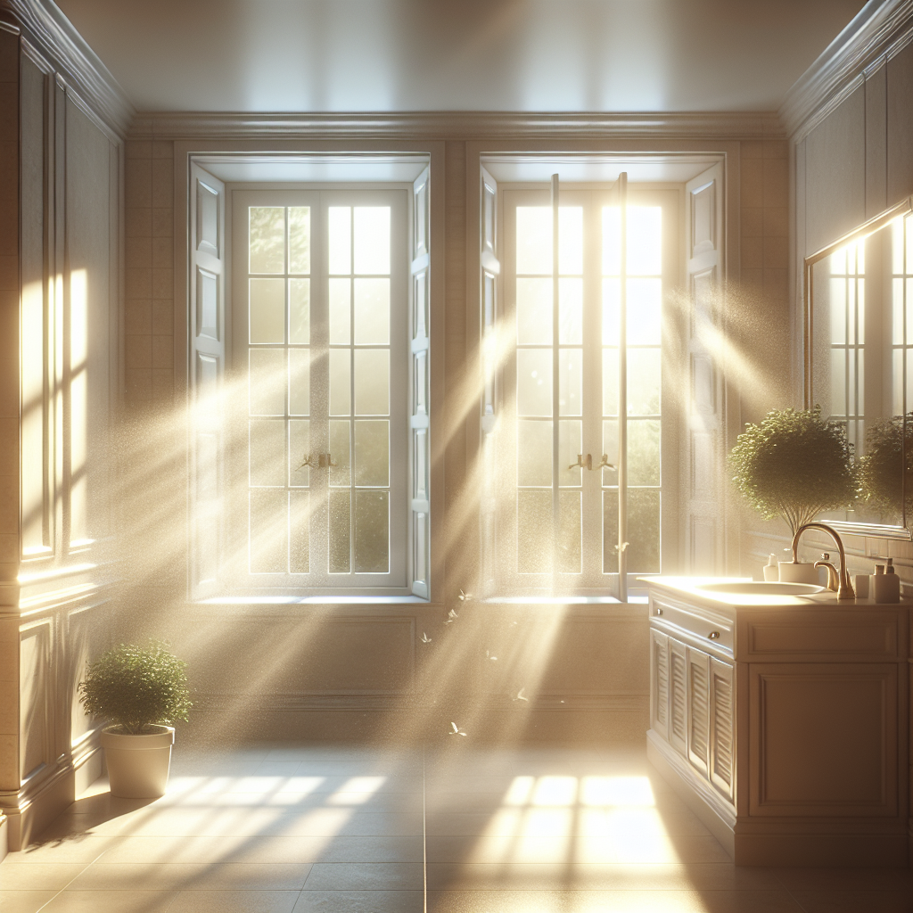 A bright and inviting bathroom with a large window wide open, letting in warm natural sunlight and a gentle breeze. Light, almost invisible particles of fresh air are subtly visible in the light rays. The room is immaculately clean, with a small potted plant on the vanity, conveying a sense of perfect freshness and excellent ventilation. Realistic photo, serene and airy.
