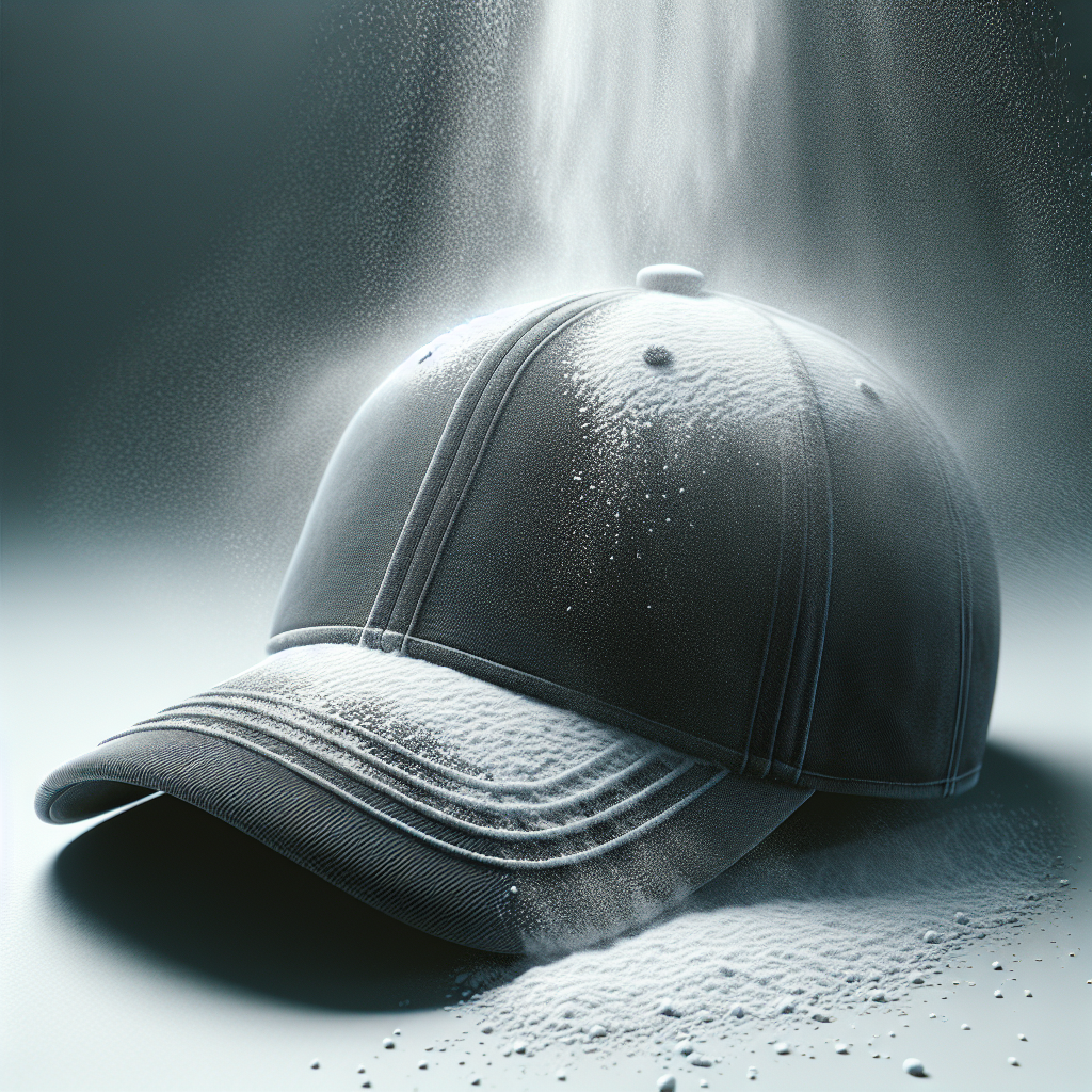 Close-up shot of a dark baseball cap laying flat, with fine white baking soda powder being gently sprinkled onto its inner surface. The powder is in motion, creating a soft cloud effect. The background is clean and slightly blurred, emphasizing the cap and the baking soda. Bright, clear lighting, photorealistic.