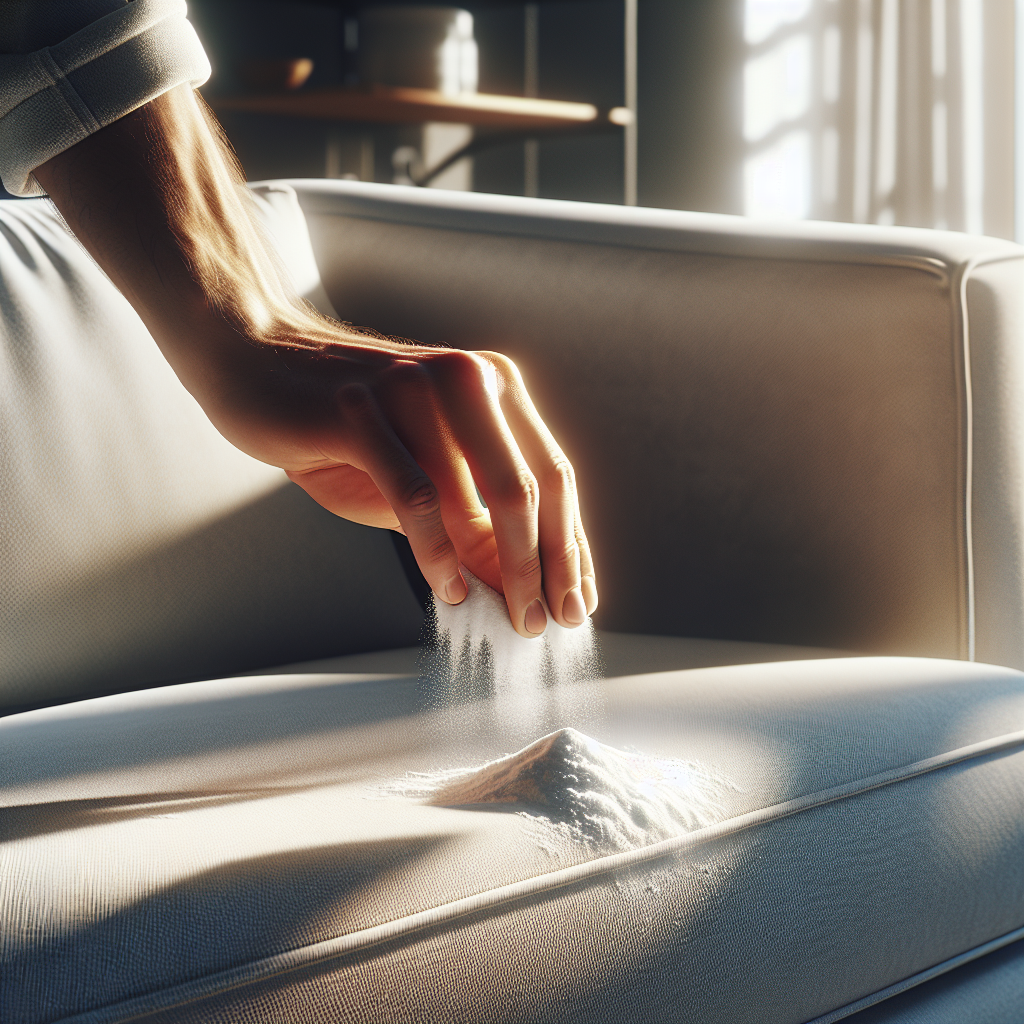 Close-up shot of a hand gently sprinkling white baking soda powder over the fabric of a light-colored, cozy sofa in a modern living room. Sunlight streams through a window, highlighting the cleaning action. The overall mood is clean, efficient, and natural. Realistic photography.