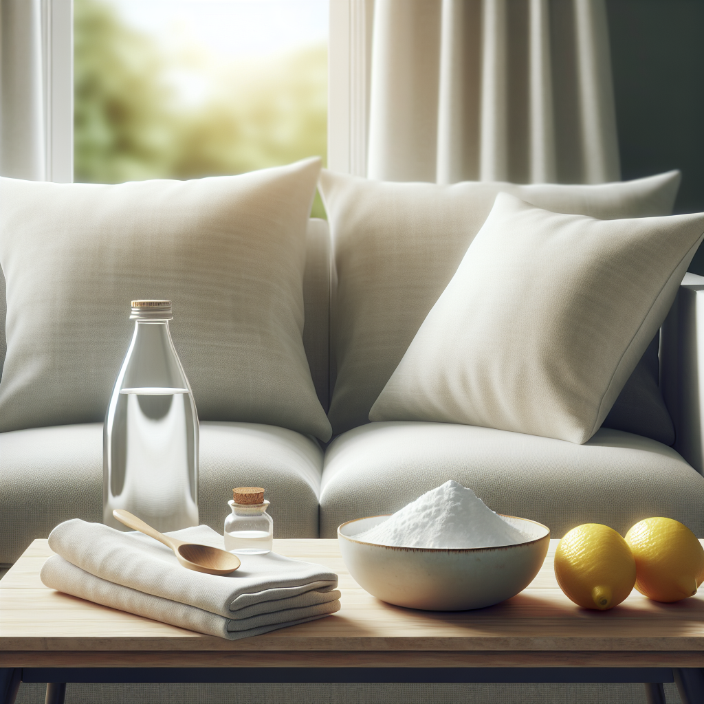 A bright and inviting living room scene featuring a pristine, fresh-smelling fabric sofa. On a nearby coffee table or side table, neatly arranged, are common home remedies: a small bowl of white baking soda, a clear bottle of vinegar, and a few vibrant yellow lemons. The room is bathed in soft, warm natural light, emphasizing cleanliness, comfort, and a pleasant atmosphere. Realistic photography.
