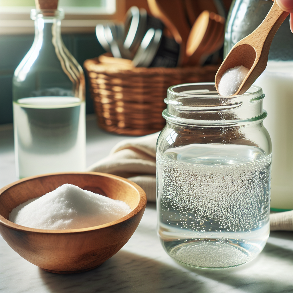 A close-up of a sparkling clean glass Mason jar next to a small wooden bowl filled with baking soda and a bottle of white vinegar. A few grains of baking soda are gently being sprinkled into the jar, suggesting the cleaning process. Bright, inviting kitchen scene, focus on natural remedies. High detail, photography style.
