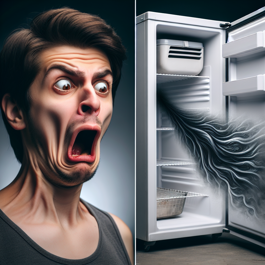 A person with a surprised and slightly disgusted expression, recoiling slightly as they open a freezer door. A subtle, dark wisp (symbolizing bad smell, not smoke) seems to emanate from the interior. The freezer's contents are slightly visible and appear disorganized or neglected. Realistic photo, indoor lighting, focus on human reaction.