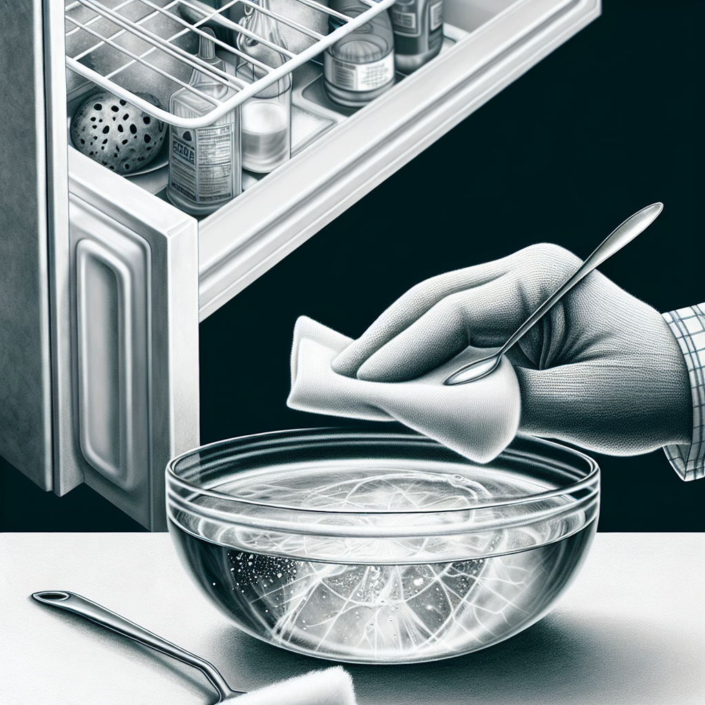 A close-up of a clean hand wiping the sparkling white interior of an open, empty freezer with a damp cloth. In the foreground, a small bowl of clear liquid (symbolizing vinegar solution) and a cleaning sponge are visible on the countertop. Bright, fresh, and clean atmosphere, emphasizing effective cleaning and home remedies.