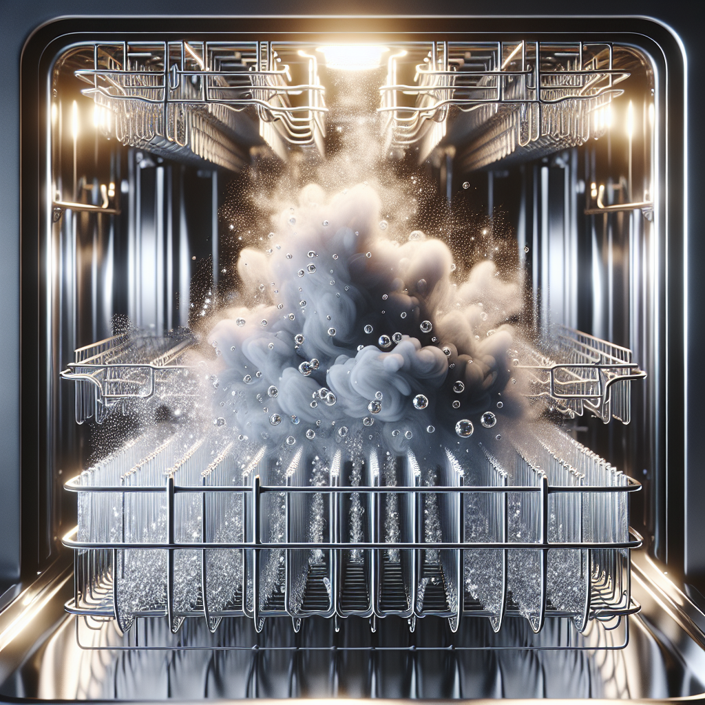 Inside a modern, sparkling clean dishwasher, with gleaming chrome racks and glistening water droplets. A subtle, translucent wisp of grey, unpleasant odor is visibly dissipating from the filter area at the bottom, signifying its removal and transformation into freshness. The overall impression is one of hygiene and revitalization in a kitchen setting, with soft, clean studio lighting and high detail.