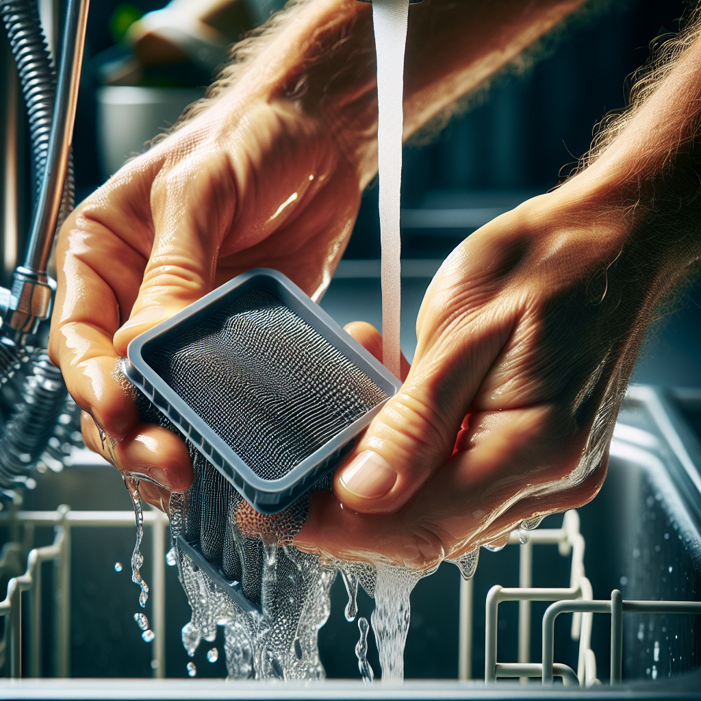 A close-up, detailed shot of hands actively cleaning a removable dishwasher filter under a stream of running water in a kitchen sink. Tiny food particles and grease are visibly washing away from the filter mesh. In the background, slightly out of focus, a dishwasher spray arm is being wiped clean, emphasizing the thorough process of removing odor-causing dirt and blockages. Bright, practical kitchen lighting, with a focus on the texture and action of cleaning.