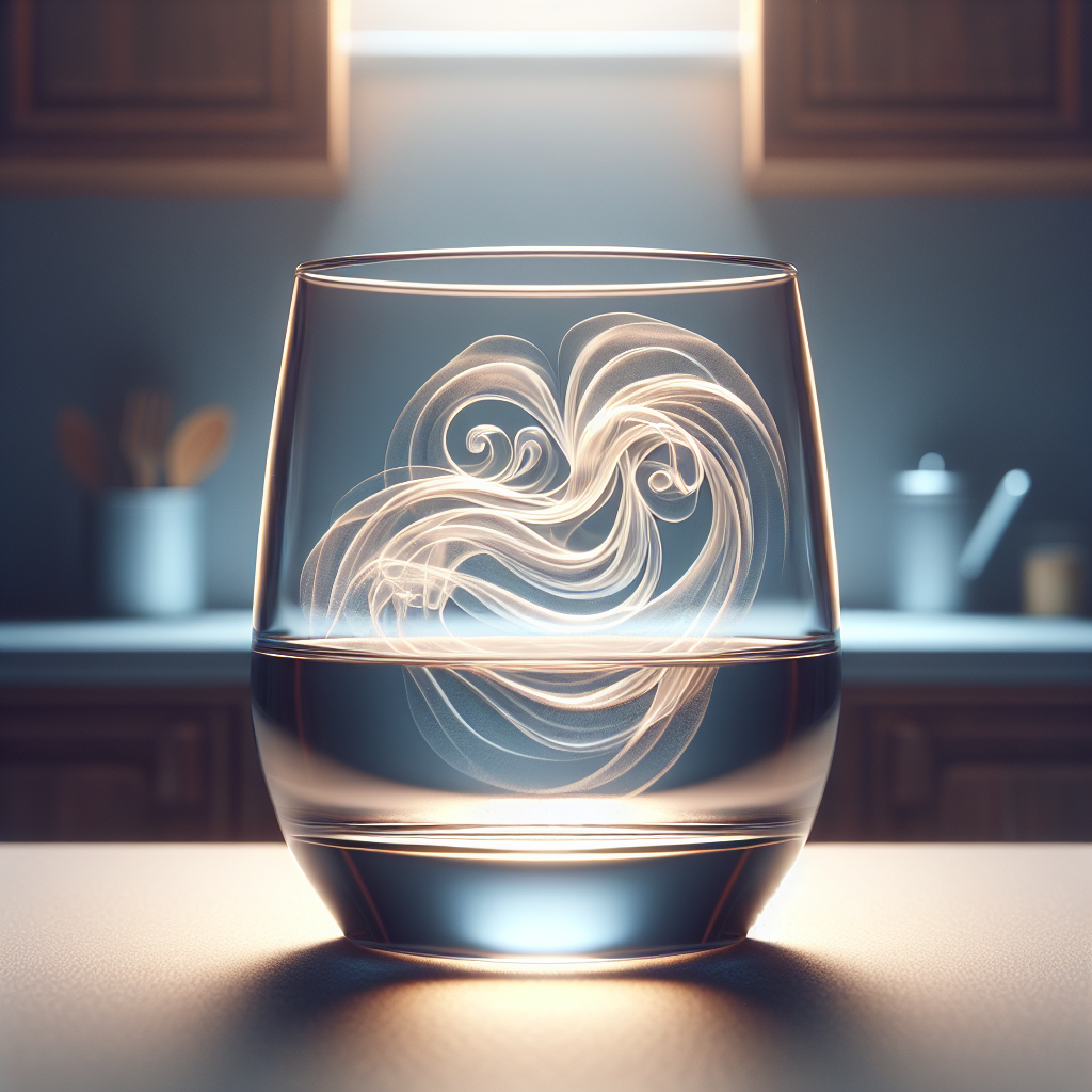 A close-up, realistic photograph of a clear drinking glass on a kitchen counter, with a subtle, translucent wisp of unpleasant odor swirling faintly inside, representing a persistent smell. The lighting is soft, emphasizing the clarity of the glass but also the lingering issue. A subtle feeling of frustration.