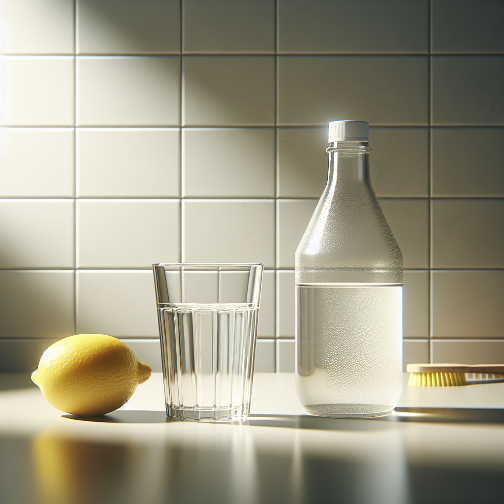 A still life photograph showcasing a sparkling clean, empty drinking glass next to a bottle of white household vinegar and a fresh lemon wedge on a bright, minimalist kitchen counter. The scene conveys freshness, natural cleaning solutions, and success in odor removal. Bright, clean kitchen lighting.