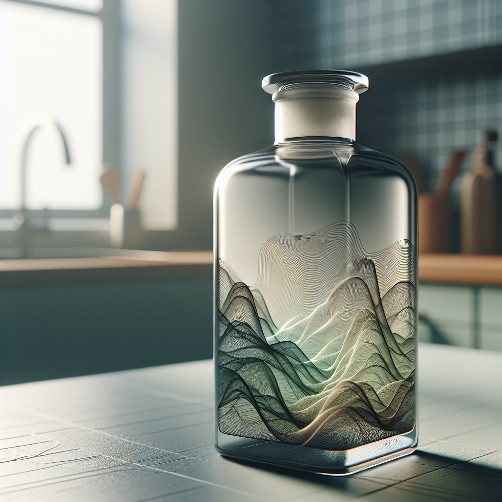 A transparent glass bottle on a simple kitchen counter, from which visible, wavy, slightly greenish and brownish unpleasant odor lines are emanating dramatically. The bottle appears slightly used, perhaps with a faint residue inside, conveying a sense of stubborn smell. Soft, natural lighting, close-up, high detail.