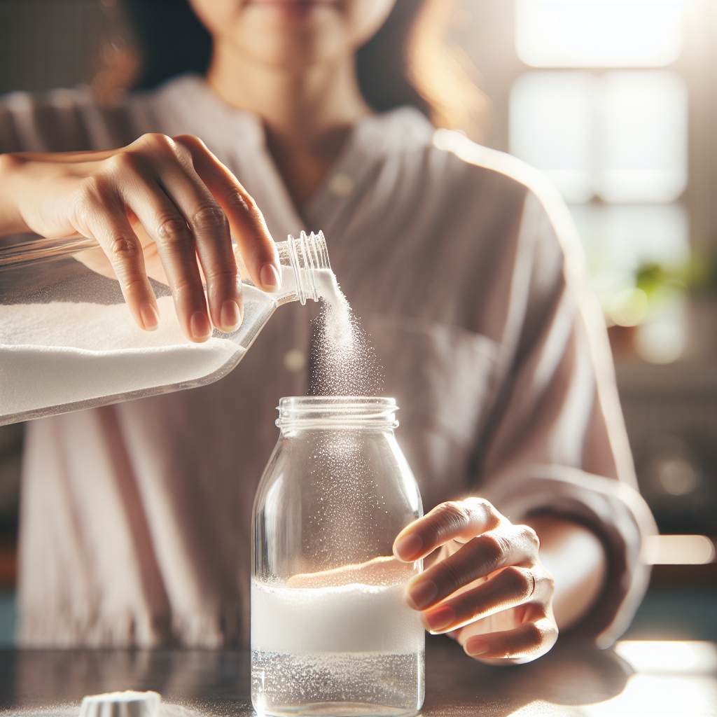 Close-up of a hand gently pouring white baking soda powder into a clear glass bottle, which is partially filled with warm water. The scene is set in a bright, clean kitchen, with soft natural light highlighting the dissolving powder and the clarity of the water. The overall feeling is one of cleanliness, effectiveness, and a practical solution. Focus on the process.