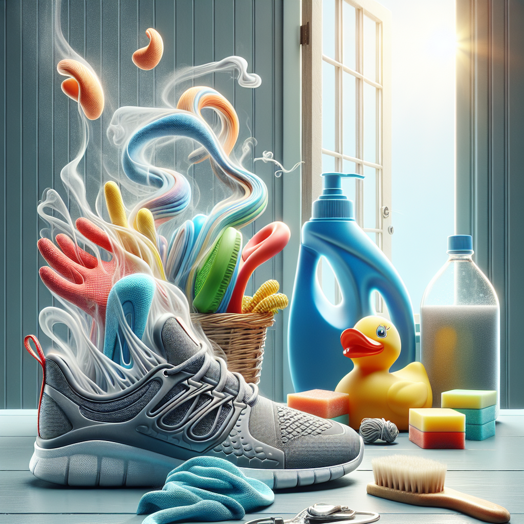 A high-quality, realistic photo showing a collection of common rubber items like a sneaker, a rubber duck toy, and a household glove, arranged around an open window where fresh air is visibly flowing in. Subtle, swirling grey lines representing unpleasant odors are dissipating from the items, replaced by bright, clean light and a sense of freshness. In the foreground, a bottle of vinegar and a bar of soap suggest home remedies. Bright, clean aesthetic.