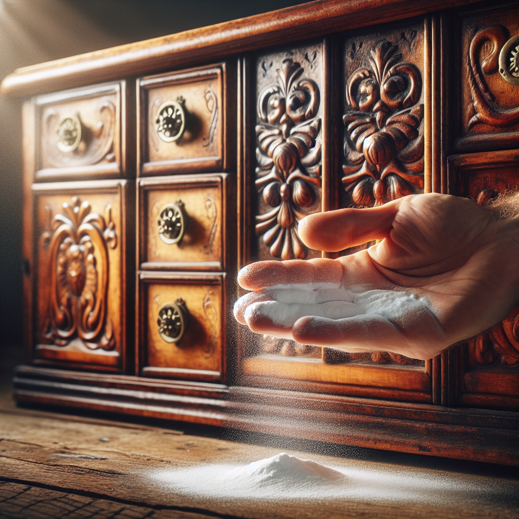 A close-up shot of a hand gently sprinkling white baking soda powder onto the surface of an old, beautifully detailed wooden antique chest of drawers. The wood has a rich, warm tone but shows signs of age, suggesting a prior musty or old smell. Soft, natural light illuminates the scene, creating a sense of care and restoration. Realistic, high detail, studio lighting.