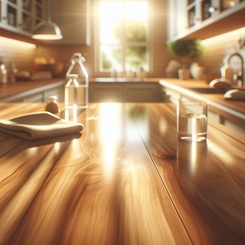 A bright and inviting image of a freshly cleaned and polished wooden kitchen countertop, glowing under soft natural sunlight. A subtle, pleasant aroma seems to emanate from the wood, represented by delicate, almost invisible wisps of freshness. In the background, slightly out of focus, a small glass of diluted vinegar and a soft cleaning cloth are subtly visible, hinting at the cleaning process. The overall mood is fresh, renewed, and inviting. Realistic, high detail, warm tones.