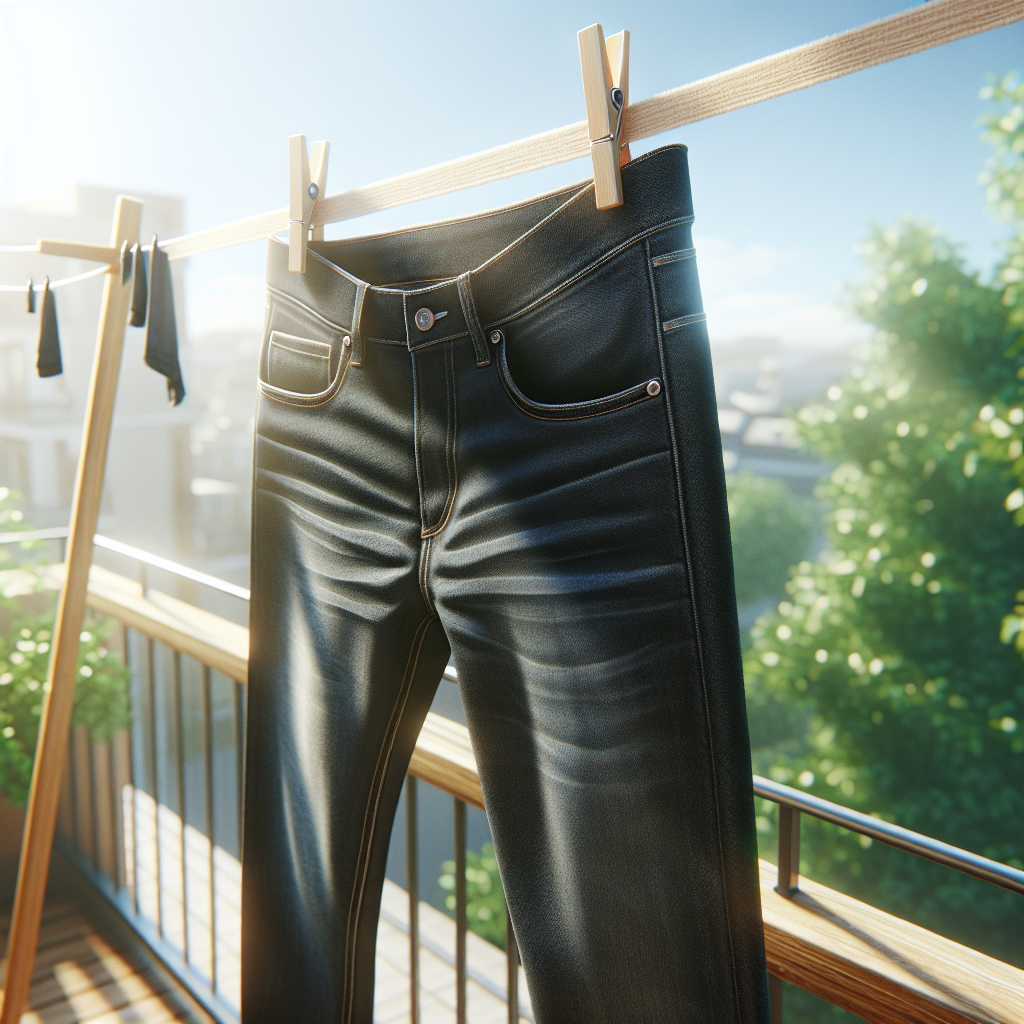 A pair of stylish, clean dark blue jeans hanging on a wooden clothesline on a sunny balcony, with a gentle breeze subtly rustling the fabric. Bright, natural light. The background shows a hint of a green garden or urban setting. Emphasize a sense of freshness and cleanliness. Realistic photograph.