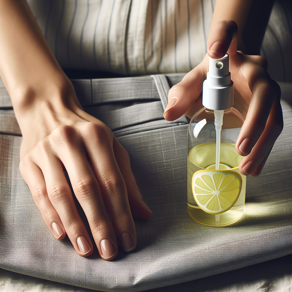 Close-up shot of hands holding a stylish, minimalist spray bottle, gently misting a pair of neatly folded fabric trousers or jeans. A subtle, refreshing mist is visible. The scene suggests a home setting, possibly on a bed or table. The spray bottle could subtly evoke a DIY citrus solution (e.g., with a faint lemon design or a clear bottle with a hint of yellow liquid). Focus on cleanliness and care. Realistic photograph.