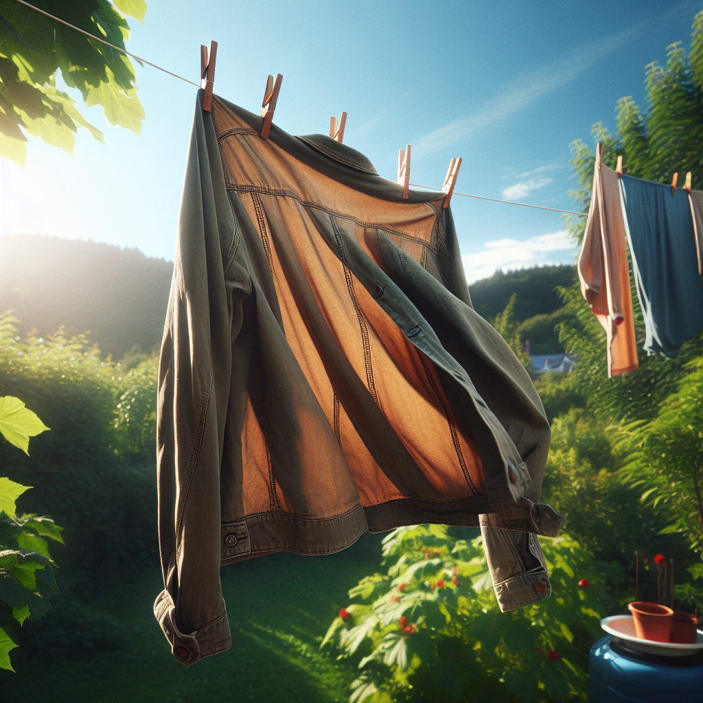A stylish, slightly used jacket hanging outdoors on a clothesline or hanger, gently swaying in a fresh breeze. The background shows a bright, natural outdoor scene with green foliage or a clear sky, conveying a sense of freshness and natural deodorization. No washing machine or water visible, emphasizing the 'no washing' aspect. Soft, natural lighting.