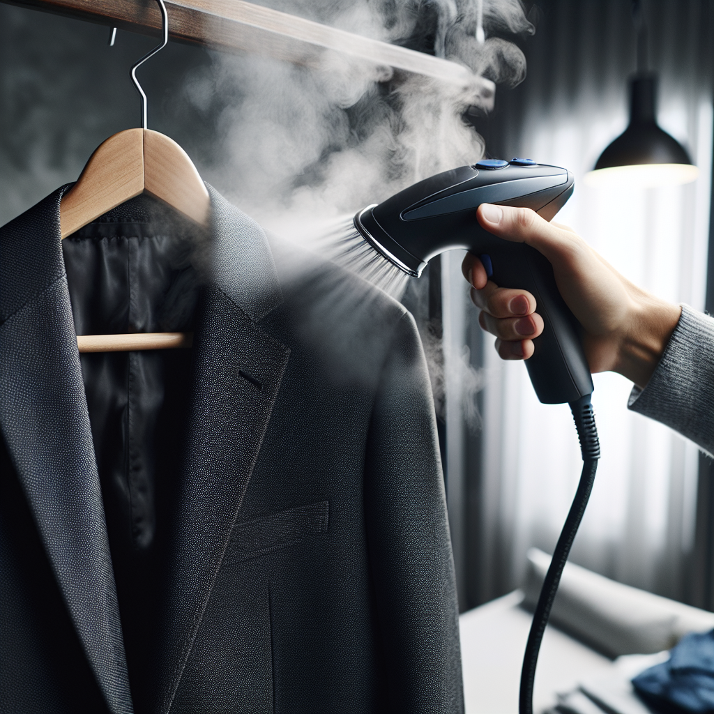 Close-up of a person's hands using a handheld garment steamer on a dark jacket hanging on a hanger. Visible steam gently rising from the jacket fabric. The setting is a clean, modern home interior, suggesting an efficient and gentle method of odor removal without traditional washing. Focus on the detail of the steam interacting with the fabric.
