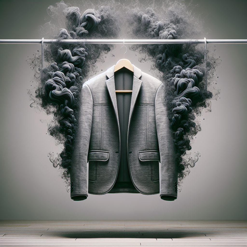 A stylish, slightly rumpled jacket (e.g., a casual jacket or a sports jacket) hanging on a coat hanger, with subtle, translucent dark grey wisps of 'odor' visibly emanating from it. The background is a clean, minimalist indoor space, emphasizing the unwanted smell. Focus on a slightly dramatic, realistic style.