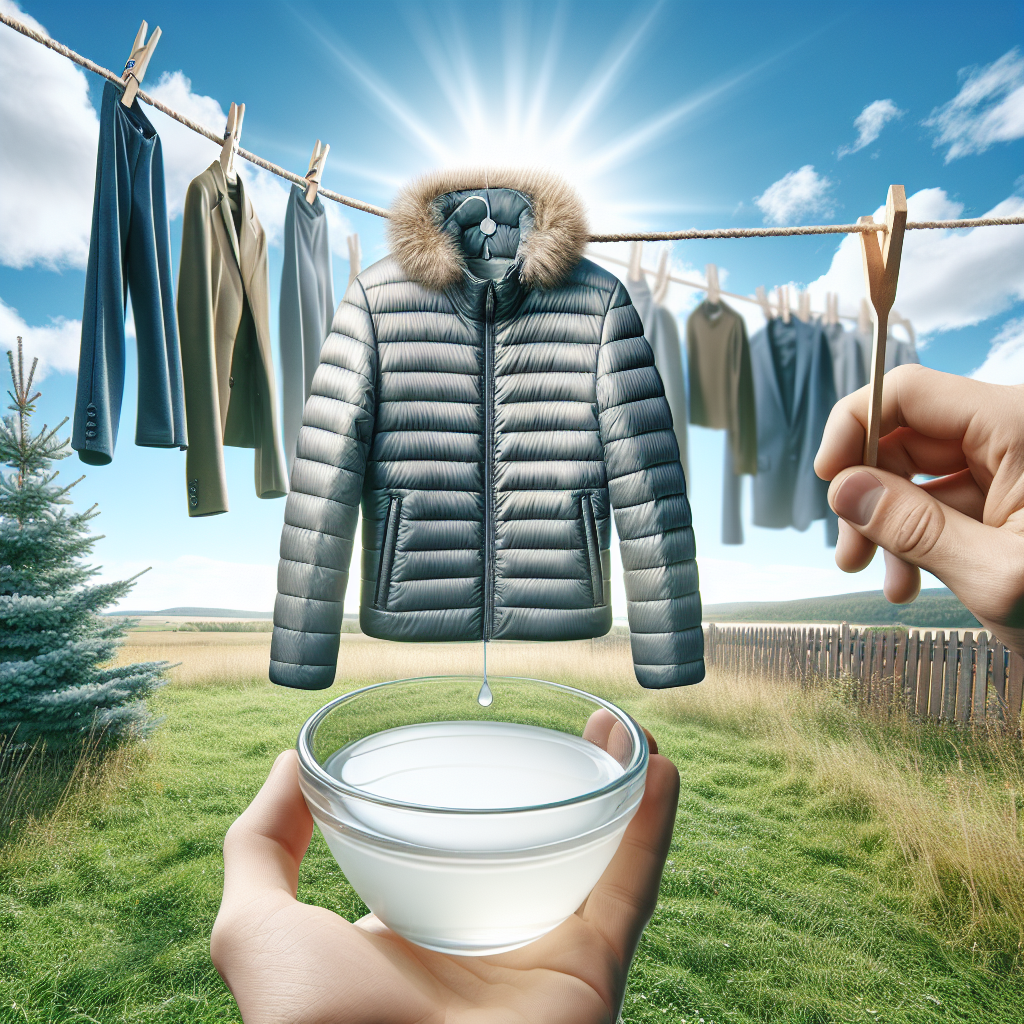 A clean, fresh-smelling jacket (e.g., a puffer jacket or a rain jacket) hanging outdoors on a clothesline, swaying gently in a light breeze under a sunny sky. The scene conveys a strong sense of natural freshness and cleanliness. In the foreground, a small, subtle glass bowl filled with white vinegar is placed, representing a natural odor-removing remedy. Realistic, bright, inviting style.
