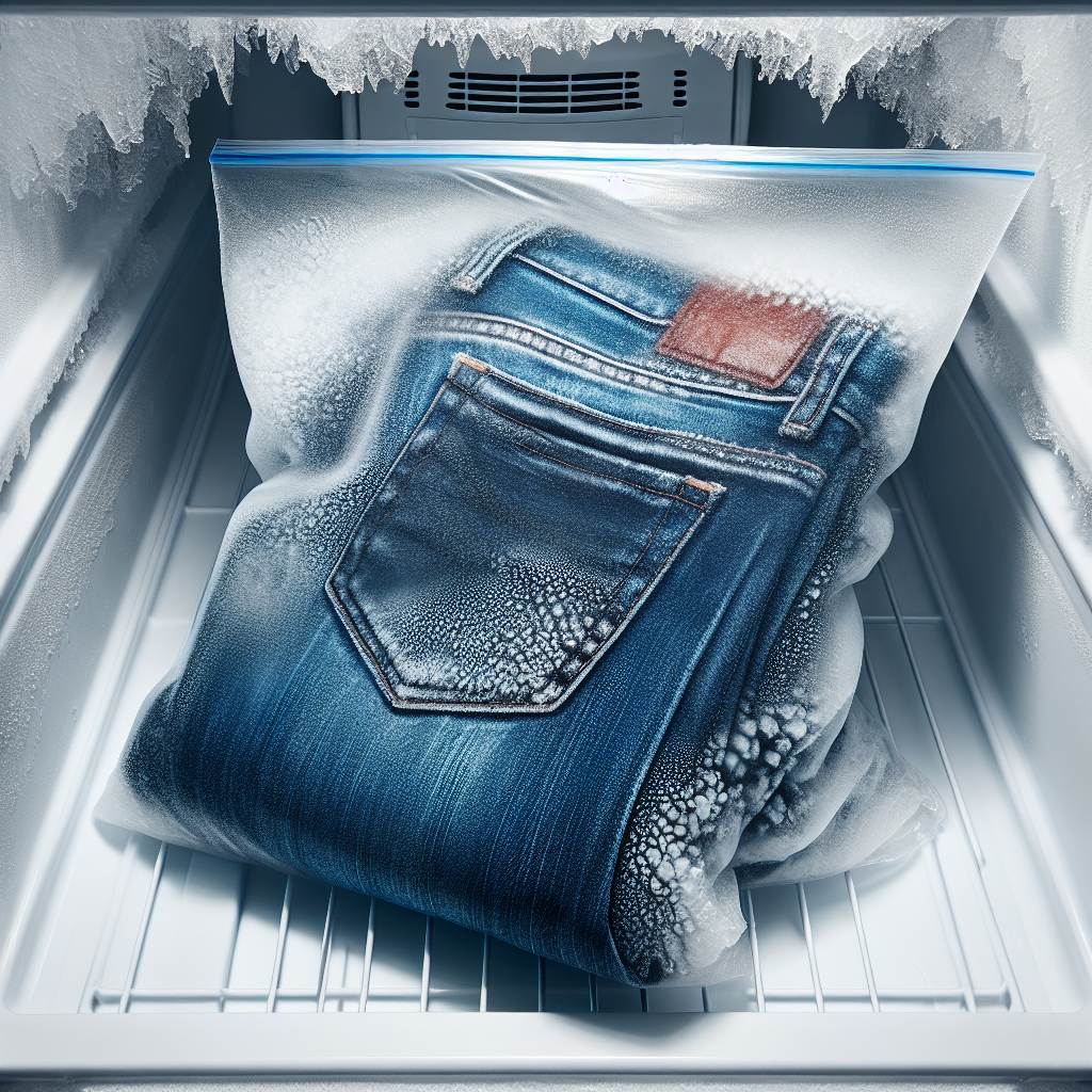 A pair of blue jeans neatly folded inside a clear, sealed plastic bag, placed inside a cold, frosty freezer compartment. A subtle hint of ice crystals or cold vapor surrounds the bag, illustrating the 'freezing jeans' method to remove odor.
