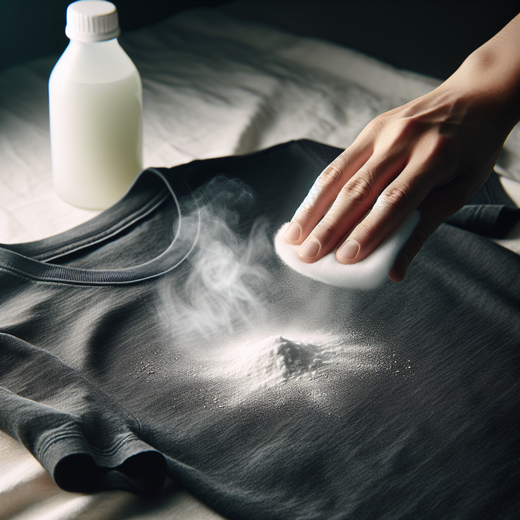 A close-up of a slightly damp, dark grey t-shirt resting on a clean surface, with a faint, almost invisible 'smell cloud' subtly dissipating from it. A hand is gently sprinkling white baking soda over the shirt, and in the background, a bottle of white vinegar is softly blurred, illustrating natural odor removal.