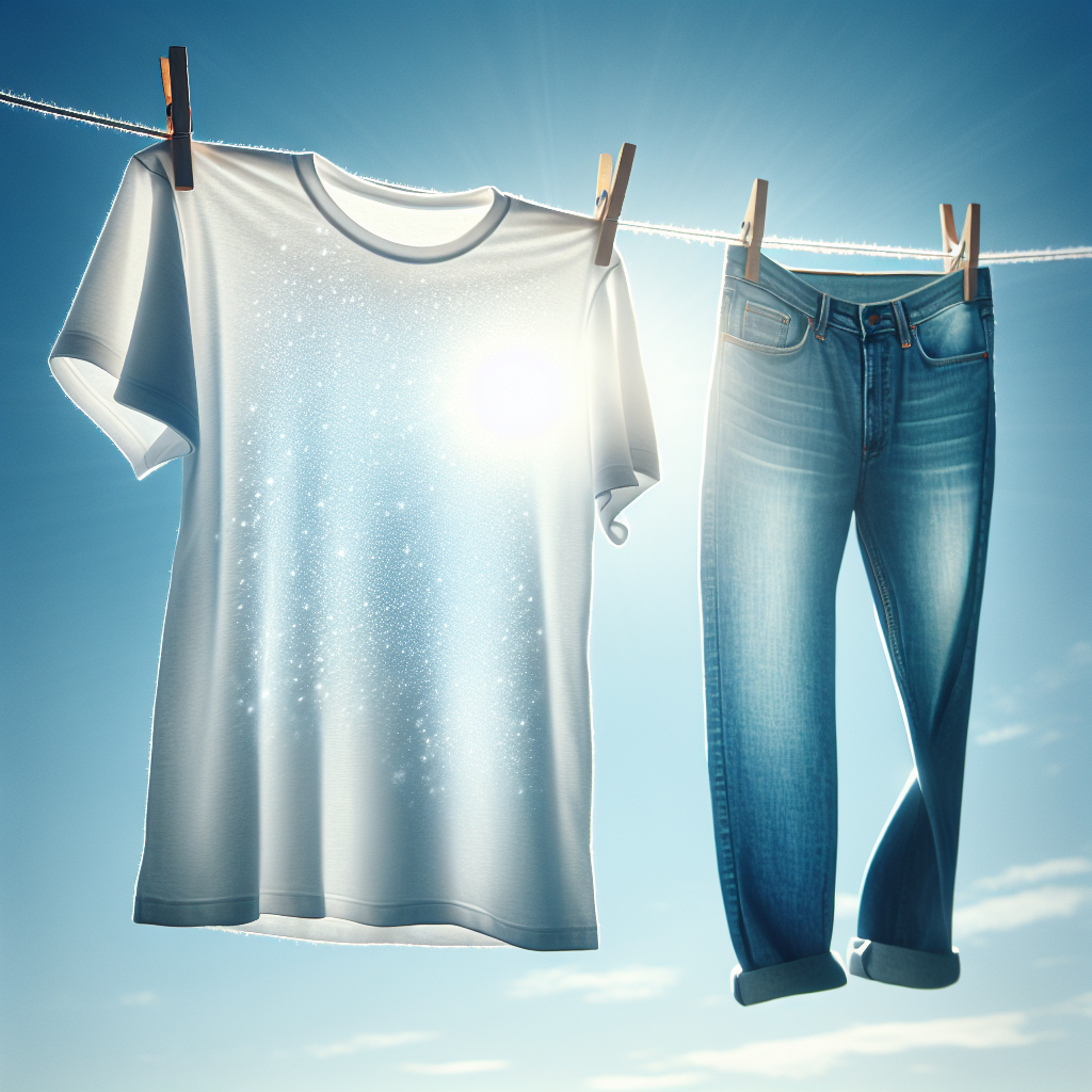 A vibrant, freshly washed white t-shirt and a pair of blue jeans hanging on a clothesline outdoors, gently swaying in a light breeze under a bright, clear blue sky. Soft sunlight highlights the fabric, and a sparkling effect subtly conveys a fresh, clean scent, symbolizing odor-free and revitalized clothing.