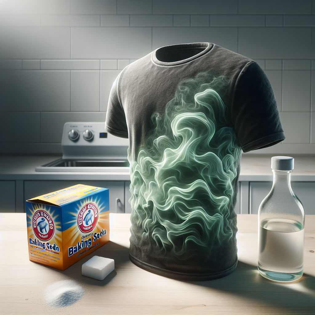 A slightly wrinkled, dark grey t-shirt emitting subtle, transparent green-brown wavy lines to symbolize unpleasant odor. Beside it, on a clean, light wooden countertop, are an open box of baking soda and a clear glass bottle of white household vinegar. The background is a soft, domestic laundry room. Realistic style, well-lit, focus on the objects.