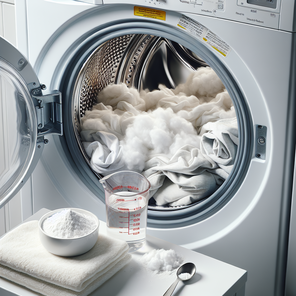 Close-up shot of an open washing machine drum filled with fluffy, clean, white and light-colored laundry, looking fresh and soft. Next to the washing machine, on a pristine white surface, a measuring cup contains a small amount of white vinegar, and a spoon holds some white baking soda. Bright, clean, and inviting aesthetic, realistic photography style.