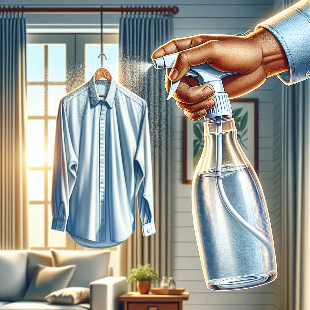 A hand holding a simple spray bottle, gently misting a casually hung t-shirt or shirt. The background suggests a bright, airy home environment, possibly near a window with a subtle breeze. The scene conveys a quick, easy, and effective way to refresh clothes without a washing machine, with a feeling of cleanliness and freshness. DALL-E digital art, clean, light colors.