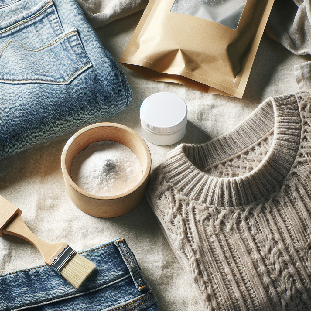 A close-up shot of various garments (e.g., a pair of jeans, a delicate sweater) laid out on a clean, light-colored surface. A small open box or bag of baking soda is visibly placed nearby, hinting at natural odor absorption. The atmosphere is simple, fresh, and emphasizes easy, natural methods for revitalizing clothes. DALL-E digital art, soft lighting, minimalist composition.