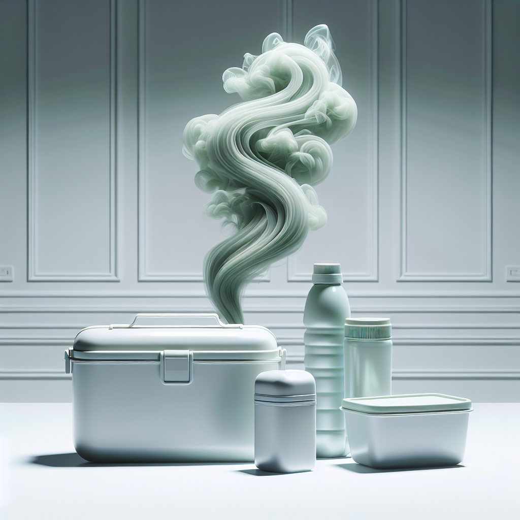 A clean, bright studio photo of various common plastic household items like a lunchbox and a food storage container on a white countertop. From one item, a subtle, stylized, unpleasant odor is visibly wafting upwards as faint, grayish-green, swirling smoke, emphasizing a bad smell that needs to be removed. Realistic, high-quality rendering.