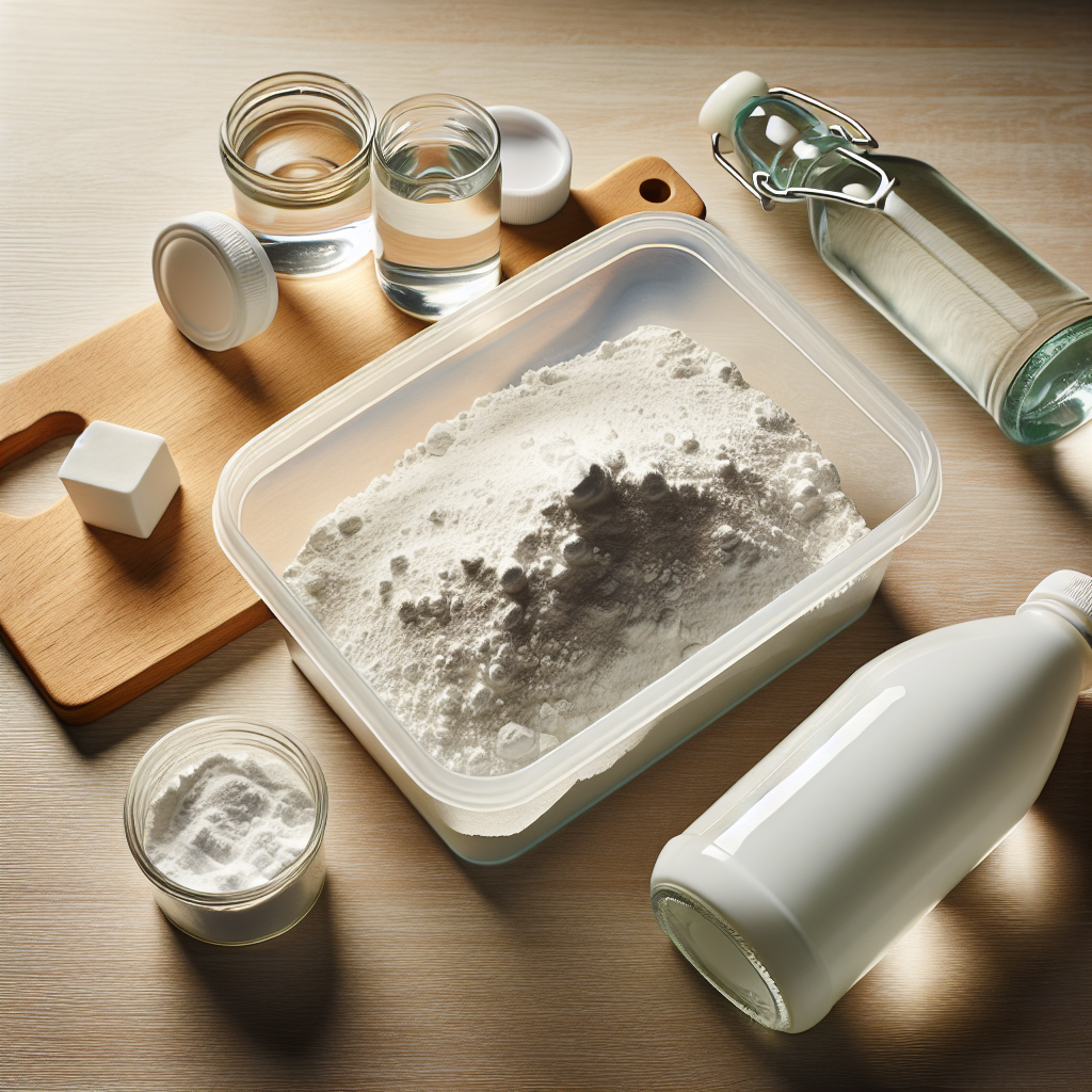 An aesthetically pleasing overhead flat lay on a light wooden table. A clear plastic food storage container is partially filled with white baking soda powder. Next to it, a small glass bottle of white vinegar is placed. Clean, empty plastic items like a reusable water bottle and a plastic cutting board are arranged around them. Soft, natural light, clean, solution-oriented.
