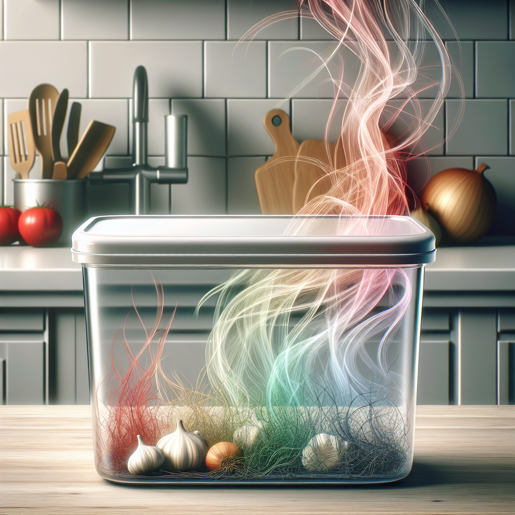 A transparent plastic food storage container on a kitchen counter, with subtle, wispy visual cues of unpleasant odors like onion, garlic, and fish emanating from inside. The container appears clean but the 'smell' is visually represented by smoky, colorful tendrils. Realistic, bright lighting.