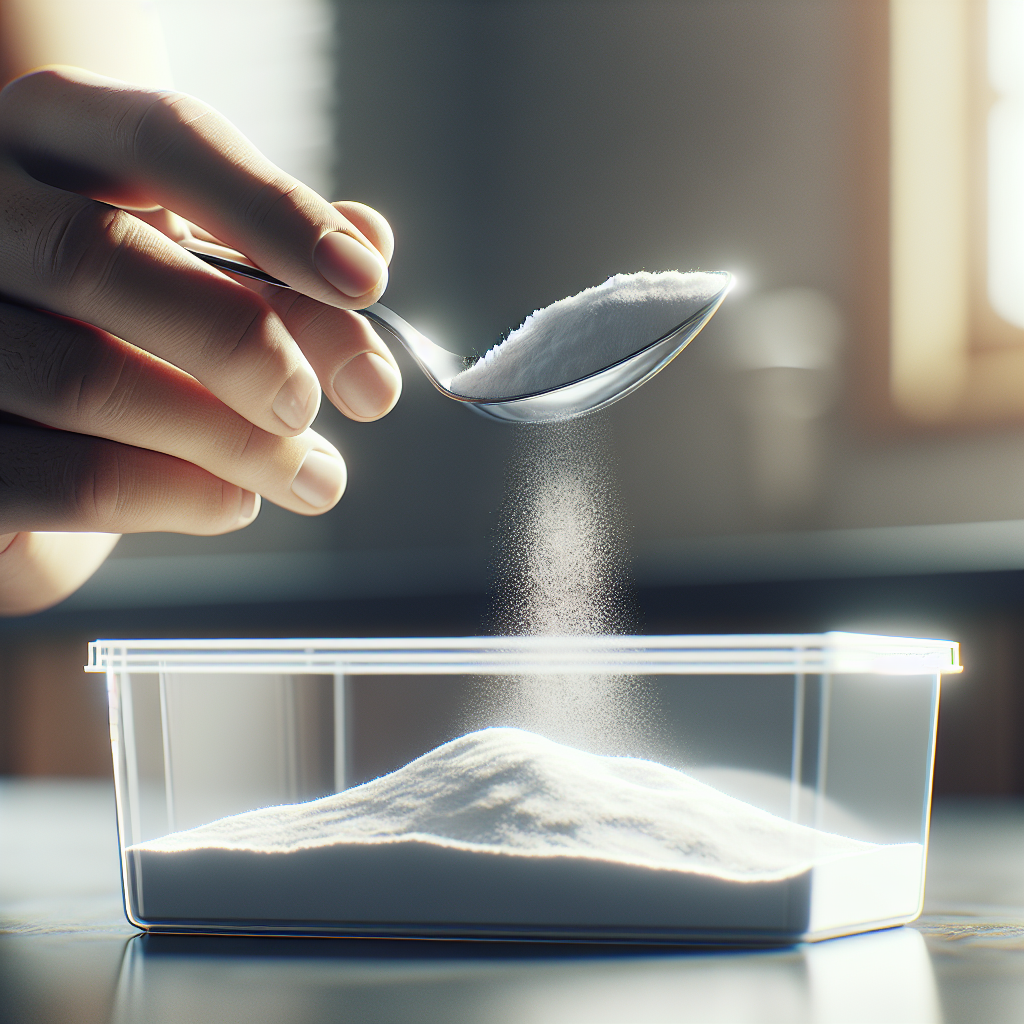 A hand carefully pouring a white powder, representing baking soda, from a spoon into a clean, empty transparent plastic food storage container. The scene is set on a bright, modern kitchen counter, emphasizing cleanliness and effective home remedies. Realistic, soft focus, close-up.