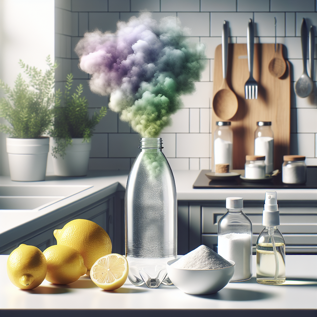 A transparent reusable plastic water bottle on a clean kitchen counter, with a subtle, abstract cloud of unpleasant odor (e.g., in dull green or purple hues) subtly wafting from its opening. Next to it, natural cleaning ingredients like lemons, a small bowl of baking soda, and a bottle of white vinegar are neatly arranged, hinting at solutions. Bright, clean kitchen aesthetic, natural lighting, focus on freshness.