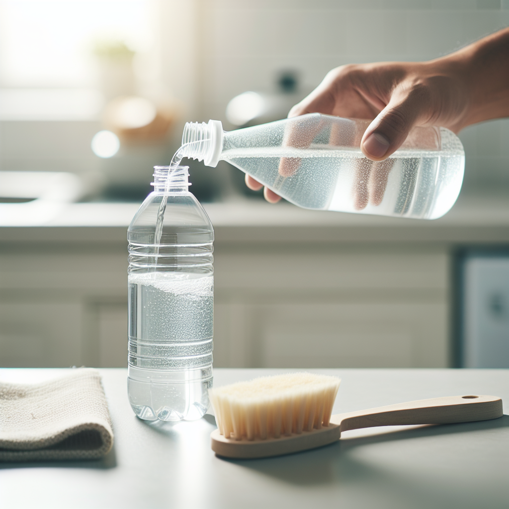 Close-up shot of a hand gently pouring clear white vinegar from a bottle into an already partially filled transparent plastic water bottle. The plastic bottle is sitting on a clean, light-colored kitchen counter. A soft, clean bottle brush and a sponge are subtly visible in the background, out of focus. Bright, practical, and clean aesthetic, emphasizing a common home remedy.