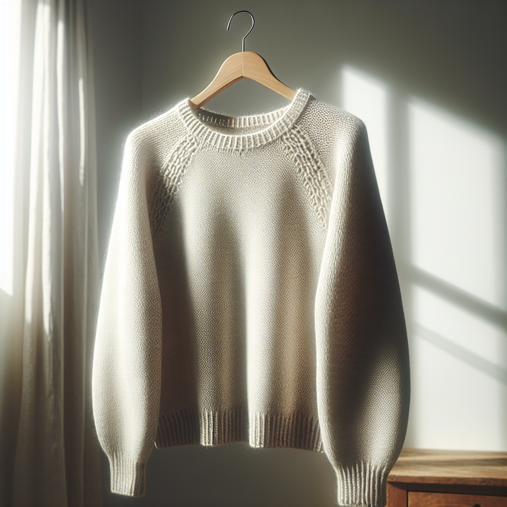 A beautiful, soft knitted sweater (wool or cashmere) hanging on a simple wooden hanger in a bright, sunlit room. A delicate, fresh mist or a subtle glow emanates from the fabric, symbolizing the removal of odors and renewed freshness without washing. The setting is clean, elegant, and peaceful, emphasizing gentle care. High-resolution photo.