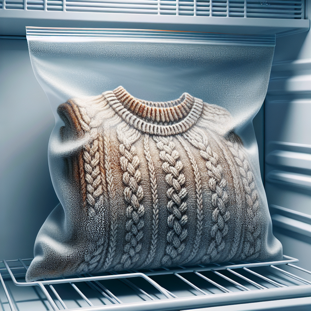 A folded, cozy sweater (e.g., a thick knit) is placed inside a clear plastic freezer bag, partially open, with a light layer of frost beginning to form on the fabric. The bag rests on a wire shelf inside a clean, slightly frosty freezer compartment. The image conveys the surprising yet effective method of using cold to remove odors, emphasizing cleanliness and coolness. Realistic, slightly conceptual photo.