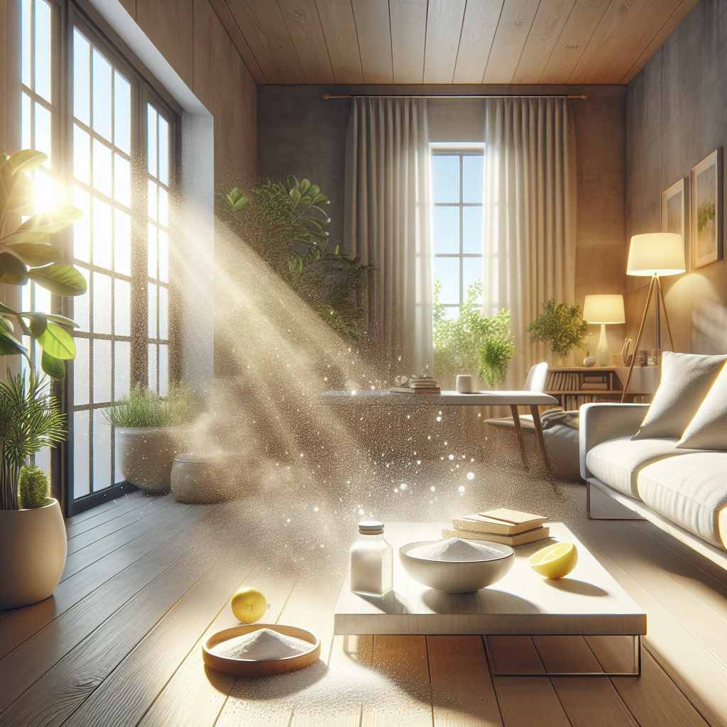 A bright, inviting living room with a large open window. Sunlight streams in, illuminating tiny particles of dust that are subtly 'pushed out' by a gentle, fresh breeze. On a clean wooden coffee table, a small ceramic bowl of baking soda sits next to a fresh lemon, symbolizing natural odor absorption. The room feels airy, clean, and peaceful, with soft, neutral colors and a touch of greenery. Realistic, high-key lighting.