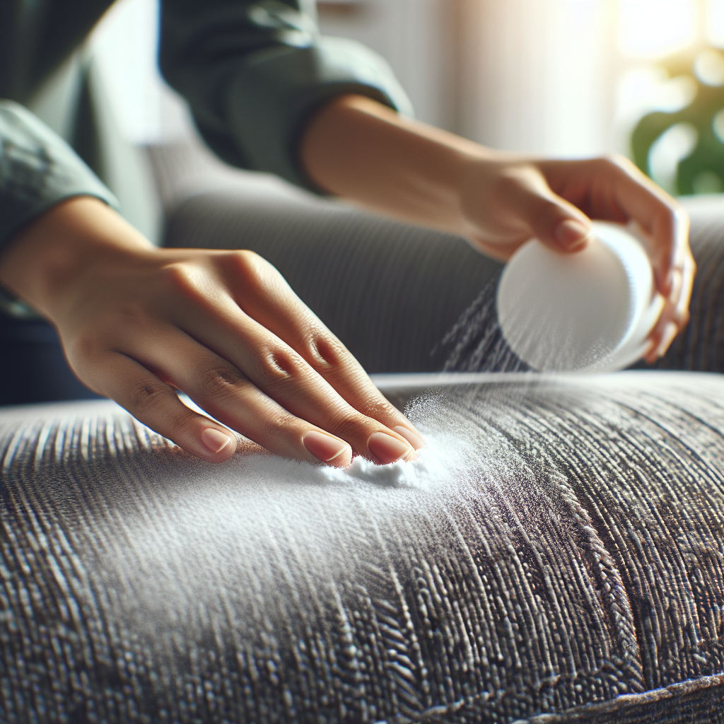 A person's hands are shown mid-action, gently sprinkling white powder (representing baking soda) onto a dark-colored, textured upholstered sofa. A subtle, almost invisible 'wave' of freshness seems to emanate from the powder. In the background, a blur of a clean, well-lit room with a potted plant and a hint of natural light from a window, emphasizing a clean and practical home environment. Close-up, detailed, realistic photography style.