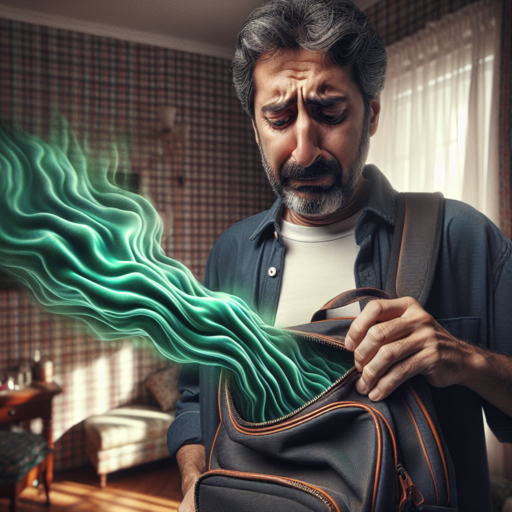 A person's hand is opening a slightly worn, dark-colored backpack. A subtle, wavy visual effect, like shimmering heat or a faint green mist, emanates from inside the backpack, representing an unpleasant, musty odor. The person's face, partially visible, shows a mild expression of distaste or surprise. The setting is a home environment, with soft, natural light, emphasizing a common everyday problem. Realistic photo style.